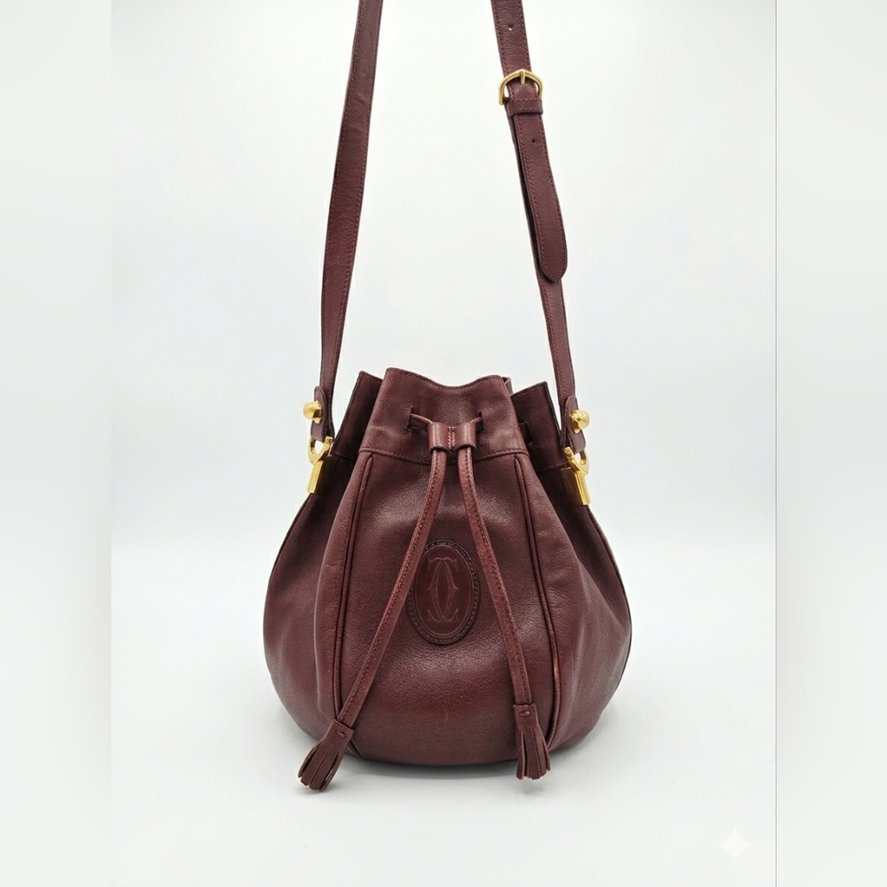 ♥️​VINTAGE Must de Cartier Burgundy Leather Bucket Bag - Rare